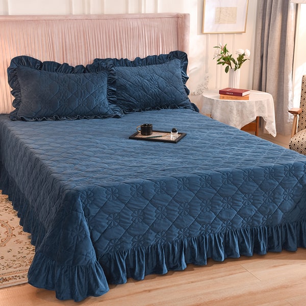 Couvre-lit en velours textile Dream bleu marine -(double 260 x 250 cm + 2  taies