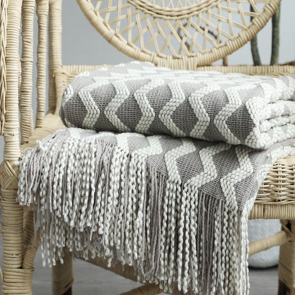 couvre lit laine grosse maille gris blanc
