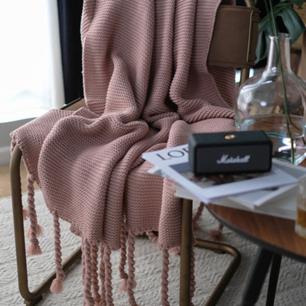 Couvre lit laine tricoté rose
