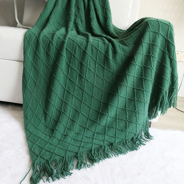 Plaid tricot vert à franges